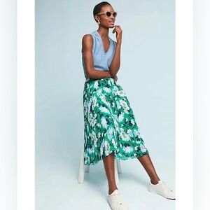 Maeve Anthropologie Roseanna Green Floral Pleated Midi Skirt